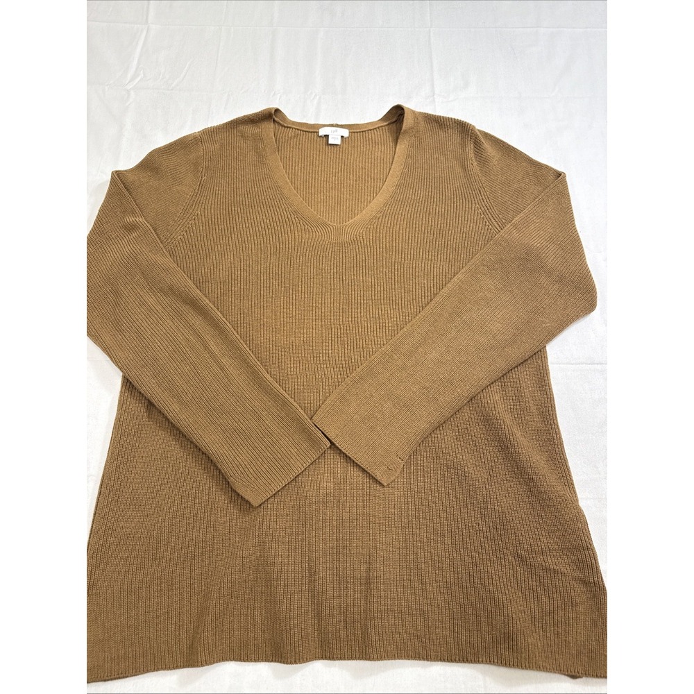 SWEATER J Jill WOMENS SMALL‎  Cotton/Polyester Tan V-Neck  L/S  Ribbed Slit Hem